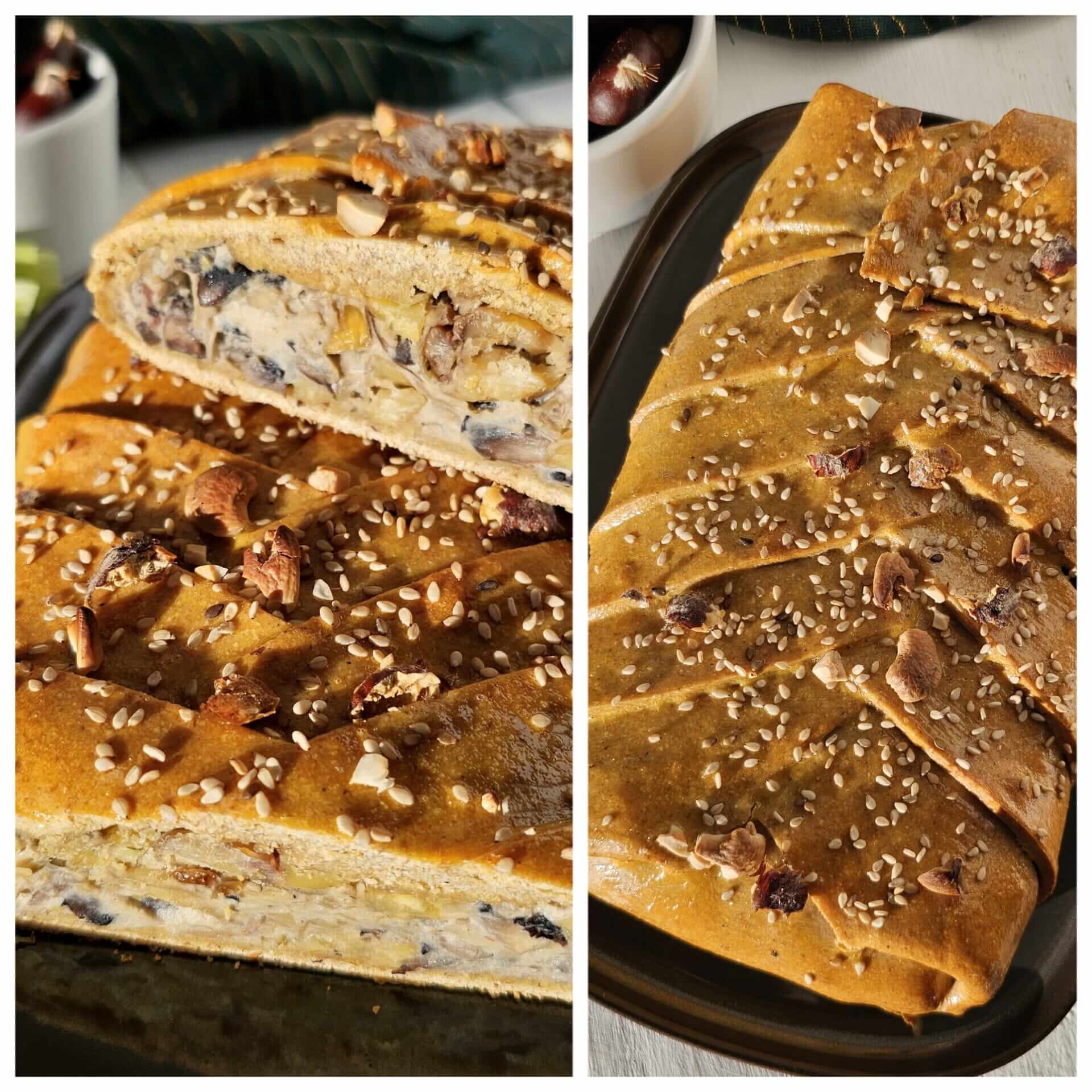 tourte tressée aux champignons, poireaux, châtaignes et béchamel noix de cajou