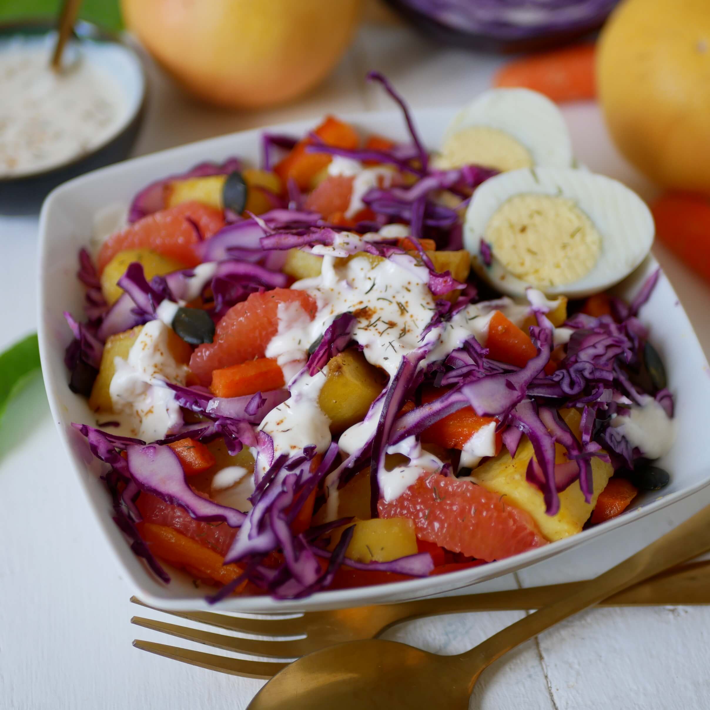 salade pommes de terre, chou-rouge et pamplemousse