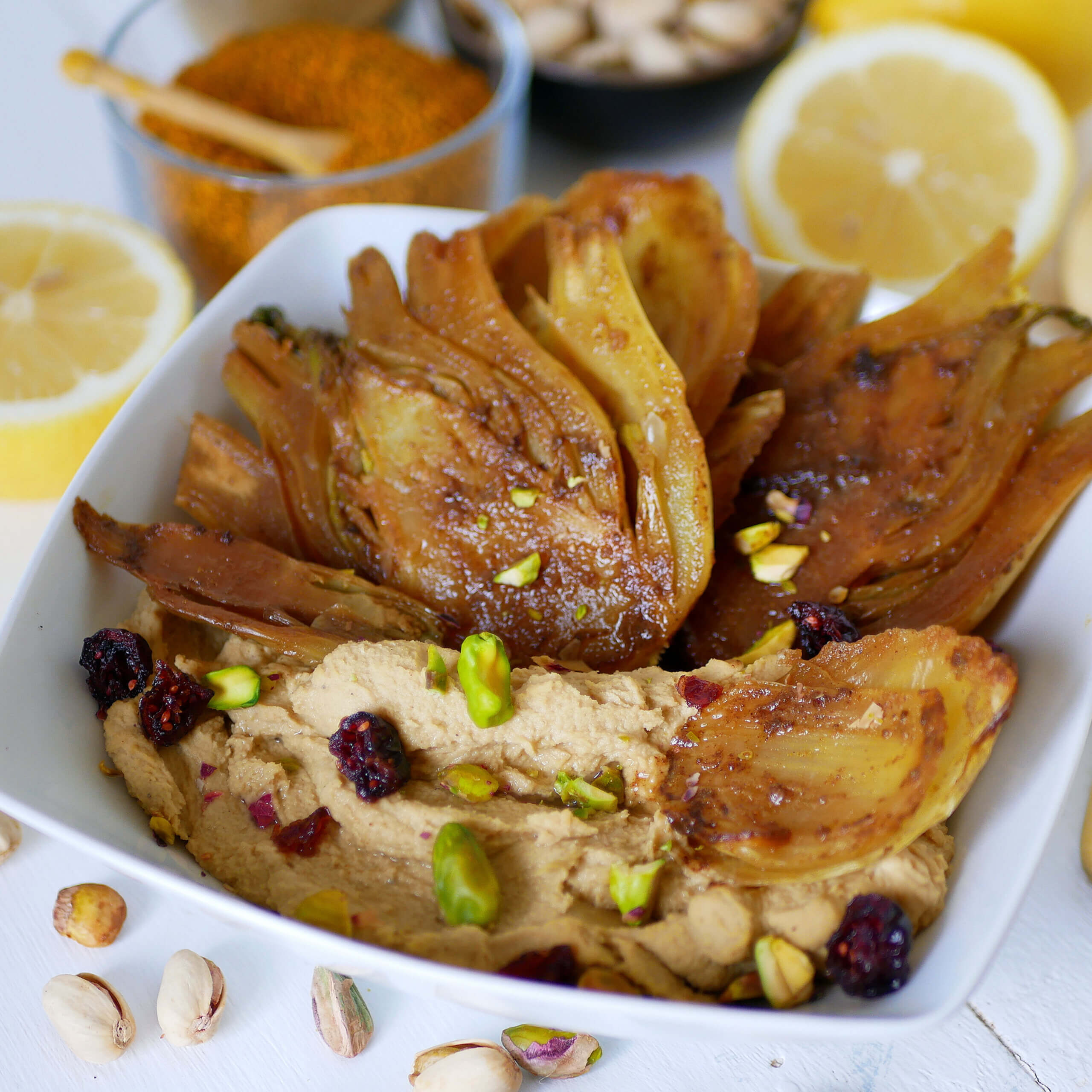 fenouil confit au cumin et houmous à la pistache