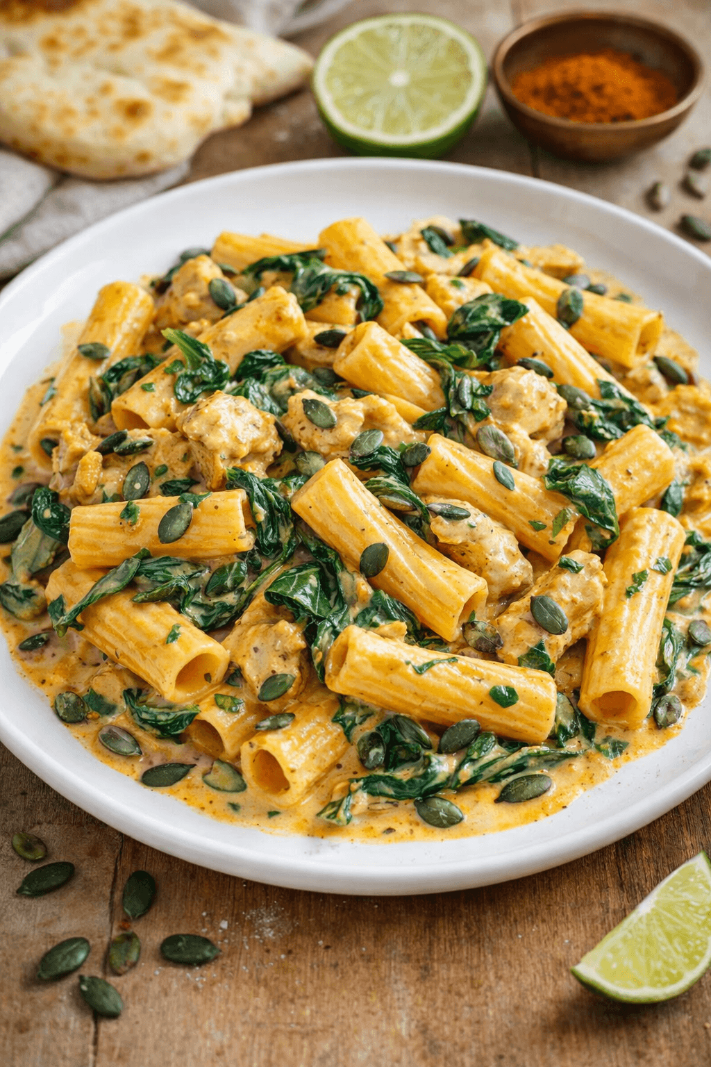 rigatoni crémeux à la dinde, épinards, sauce curry citron